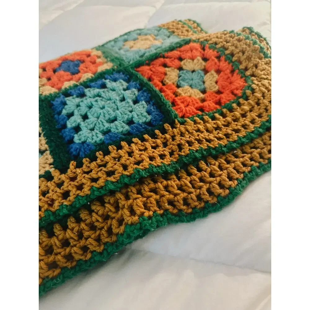 Vintage Handmade Granny Square Crochet Blanket | Wool Blend Lap Throw |